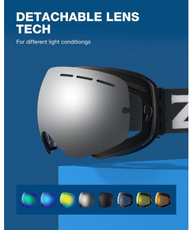 ZIONOR X Ski Goggles - OTG Snowboard Goggles Detachable Lens - Men Women Adult - Blackframe Silverlens - Buy Online on GoSupps.com