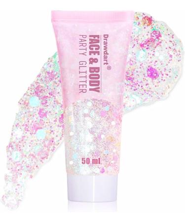 Face & Body Glitter Cosmetic-Grade Glitter Gel- Singer Concerts Disco Festival Rave Accessories Chunky Hair Sparkling Glitter Gel for Women Vegan & Cruelty Free- 50ml (White)