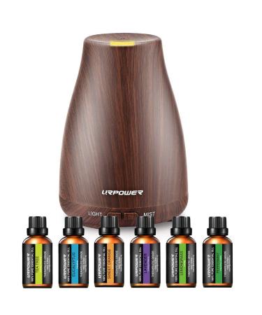 URPOWER Classical Essential Oil Diffuser with 6 Bottles 100% Pure Essential Oils, Gift Set Aroma Cool Mist Humidifier Aromatherapy Oil Diffuser Essential Oils for Home and Office Brown