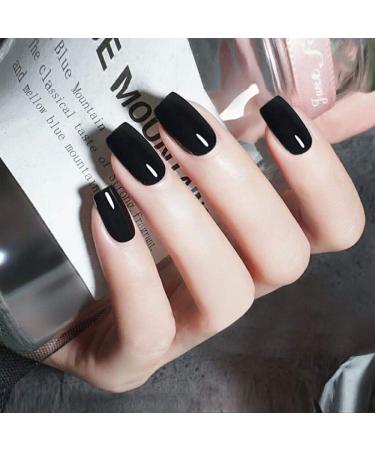 Tseenyi artificial nails pure black long square head false nails single -colored full cover shiny coffin fake nails for women and girls (24 pieces)