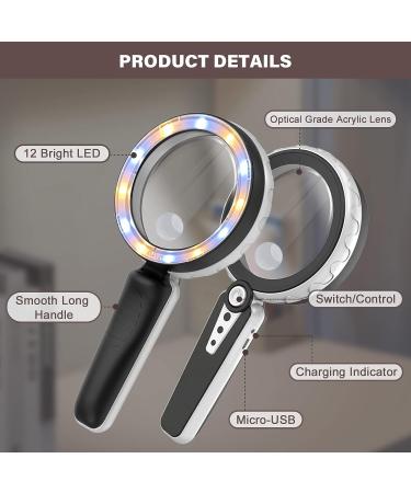 6X 10X Handheld Magnifying Glass with 12 LED Light, 3 Light Modes | Adjustable Brightness | USB Powered | Magnifier for Seniors Reading and Close Work - Buy Online on GoSupps.com