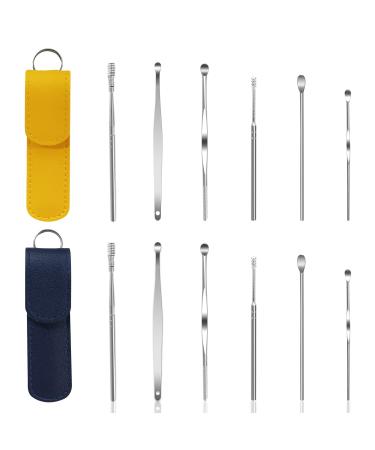 MEGXIT 2 Pack Innovative Spring Earwax Cleaner Tool Spiral Design Stainless Steel Reusable Earwax Removal Kit with Pu Leather Case Ear Cleansing Tool Ear Pick Ear Curette Cleansing-Yellow Blue