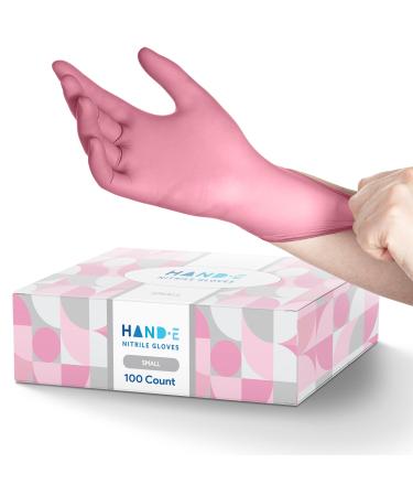 Hand-E Touch Pink Nitrile Disposable Gloves - Esthetician, Nail Tech, Hair Dye & Stylist, Cleaning Gloves 100 Small