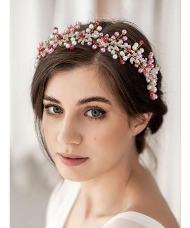 IYOU Pearl Wedding Hair Vine Pink Leaf Bridal Headband Crystal Bridesmaid Bride Hair Piece Accessories for Women(Gold)