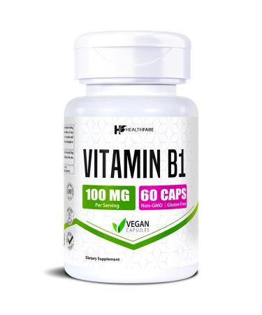 Healthfare Vitamin B1 100mg | 60 Capsules | Thiamine Supplement | Supports Overall Health | Non-GMO | Gluten Free (60 Capsules) 60 Count (Pack of 1)