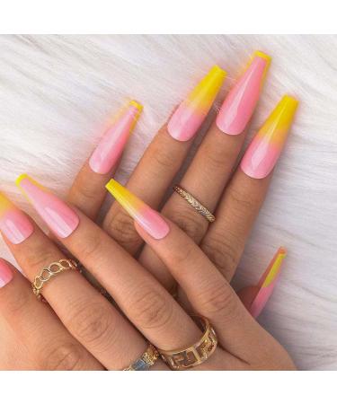 Sethexy Long Shiny Ballerina False Fingernails - French Coffin Acrylic Nail Tips (24pcs) - Yellow Complete Cover Press On Nails with Glue for Women & Girls - Buy Online on GoSupps.com