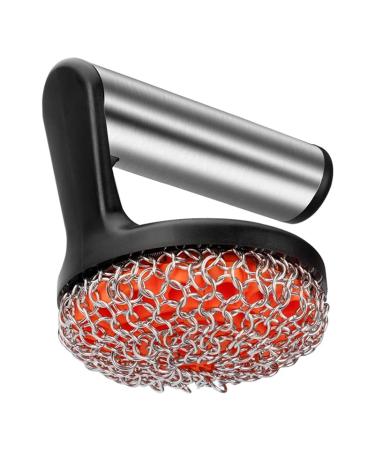 ALGONETO Cast Iron Scrubber with Handle Stainless Steel Chainmail Cleaner for Pans and Skillets - Cast Iron Cookware Ovens Easy to Use