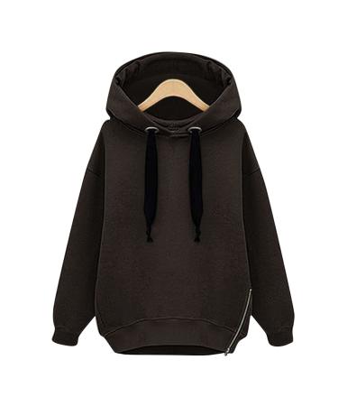 Ganfancp Women's Hoodie Tops Winter Thickened Loose Drawstring Hooded Sweatshirt Casual Solid Side Zip Long Sleeve Pullover Coffee Women Sweatshirt 21 Small