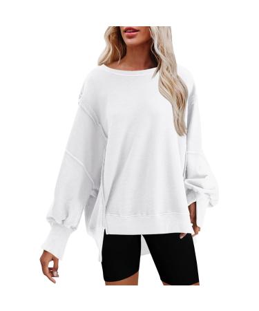 Creoqiji sweater oversize women oversized women's sweatshirt with a circular neckline monochrome side slot long-sleeved sweater loose fit sweat jacket vintage white s