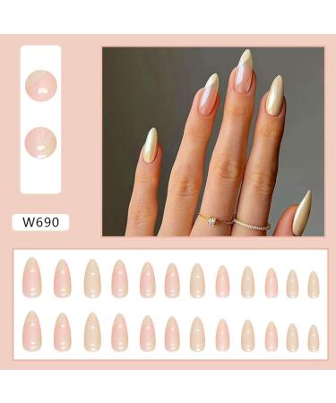 24Pcs Almond French Press on Yellow Glossy Acrylic Fake Nails - Full Cover Stick on False Nails with Waves Designs for Women and Girls - Buy Online on GoSupps.com