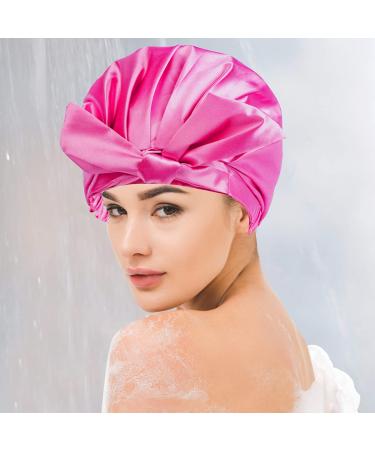 2 Pack Satin Lined Shower Caps for Women and Kids - Waterproof & Adjustable Hair Cap for Long Hair - Reusable Bath Hat - Black and Rose Red - Buy Online on GoSupps.com