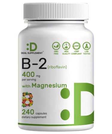 DEAL SUPPLEMENT Vitamin B2 400mg (Riboflavin) | with Magnesium Glycinate 400mg 240 Capsules 2 in 1 Support Healthy Nervous System Mood Blood & Energy Production Non-GMO 240 Count (Pack of 1)