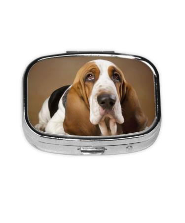 Basset Hound Printing 2 Compartment Small Pill Case Cute Small Pill Box Purse Pill Boxs Travel Pill Organizer for Pocket Purse and Travel Gifts