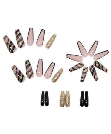 Belicey Black French Press on Nails - Medium Length Luxury Stick on Coffin Nails with Golden Bling Stripes - Full Cover Exquisite Design for Women and Girls - Buy Online on GoSupps.com