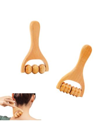 Massage roller wood roller massage device with handle massage roller roller roller roller roller legs T-shape massage device massage scooter set wood two wheels and three wheels for hand neck abdominal massage (2 pieces)