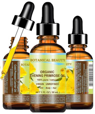 ORGANIC EVENING PRIMROSE OIL. 100% Pure / Natural / Undiluted / Unrefined /Certified Organic/ Cold Pressed Carrier Oil. Rich antioxidant to rejuvenate and moisturize the skin and hair. 1 Fl.oz - 30ml. by Botanical Beauty...