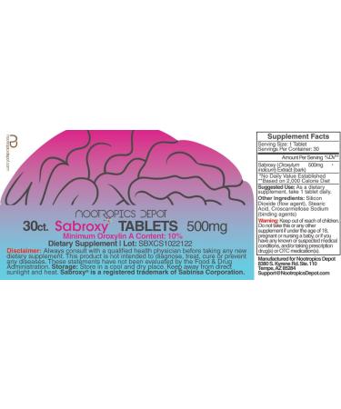 Nootropics Depot Sabroxy Tablets | 500mg | 30 Count | 10% Oroxylin-A | Oroxylum Indicum | Enhance Focus & Motivation | Boost Cognitive Function - Buy Online on GoSupps.com