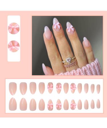 Almond Press on Nails with Bow Charm - Cute Pink Medium Acrylic Nails for Women & Girls | Reusable Glue-on False Nails - Buy Online on GoSupps.com