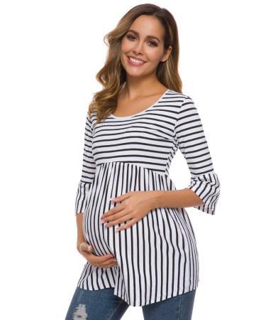 Love2Mi Women Maternity Blouse A Line Pregnancy Shirt 3/4 Bell-Sleeve Striped Maternity Clothes S White Black Stripe