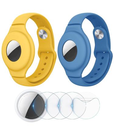 VEGO 2+4Pack AirTag Bracelet for Kids 2 Pack Silicone Watch Bands + 4 Pack Anti-Scratch Films for Kids Children Upgraded Metal Studs Anti-dropping Wristband Compatible with AirTag YELLOW+BLUE