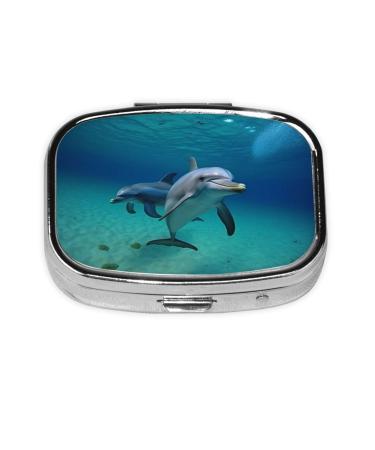Dolphins Underwater Printing 2 Compartment Small Pill Case Cute Small Pill Box Purse Pill Boxs Travel Pill Organizer for Pocket Purse and Travel Gifts