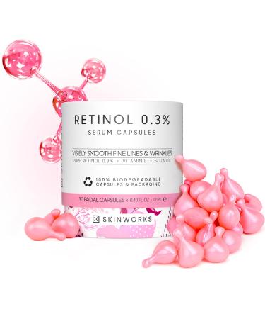 SKINWORKS Retinol Anti Aging Serum Capsules for Face Retinol Cream for Smoothening Fine Lines & Wrinkles with Vitamin E Firming for Face Under Eye Unscented 30 Capsules 0.41 Fl Oz (BIODEGRADABLE) 30 Count