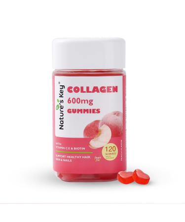 Nature's Key Collagen Gummies with Vitamins C, E & Biotin, 600mg Collagen Per Serving, Reduces Wrinkles & Promotes Skin Elasticity, Sugar Free Peach Flavor (120 Gummies, Pack of 1)