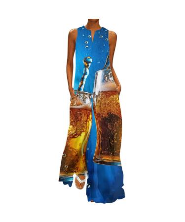 Women Summer Casual Sleeveless Print V Neck Loose Dress Boho Beach Long Sundress with Pockets Oktoberfest Beer Blue 3X-Large