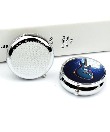 Round Blue Guitar Print Pill Box | 3 Compartment Decorative Metal Medicine Organizer - Portable Pocket Pill Case - Buy Online on GoSupps.com