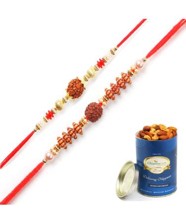 Ghasitaram Gifts Rakhi for Brother Rakhis Online - Set of 2 6142 6176 Rudraksh Rakhis with 100 GMS of Dryfruits Mix Can
