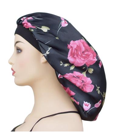 Satin Silk XL Bonnet for Long Hair | Women's Large Black+Rose Night Sleep Cap - Buy Online on GoSupps.com