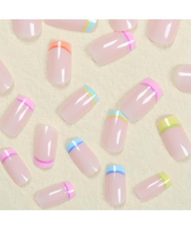24Pcs Short French False Nails with Colorful Edge Design - Square Fake Nails for Women - Multicoloured Cute Nail Set with Glue - Buy Online on GoSupps.com