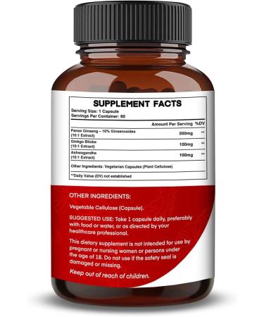 Korean Red Panax Ginseng 750mg Highest Potency with Ginkgo Biloba and Ashwagandha Boost Energy Memory and Immune System - Focus Supplement Pills for Men and Women 90 Vegan Capsules - Buy Online on GoSupps.com