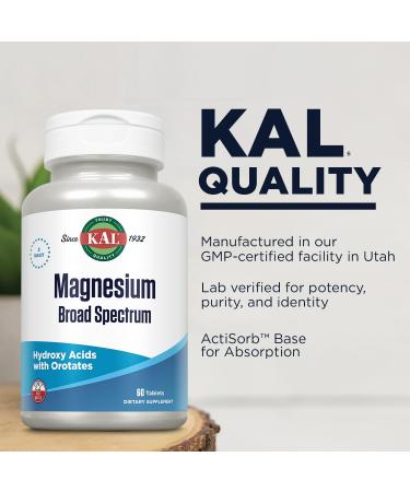 KAL Magnesium 400 mg Broad Spectrum Supplement - Chelated Magnesium Citrate Malate Lysinate Tartrate Lactate Orotate Complex for Better Absorption - Vegetarian 60 Tablets 30 Servings - Buy Online on GoSupps.com