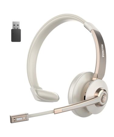 Wireless Headset, Bluetooth Headphones with Microphone Noise Canceling with USB Dongle & Mic Mute, Trucker Bluetooth Headset for Cell Phone Computer Office Call Center Skype Zoom Conference White Gold
