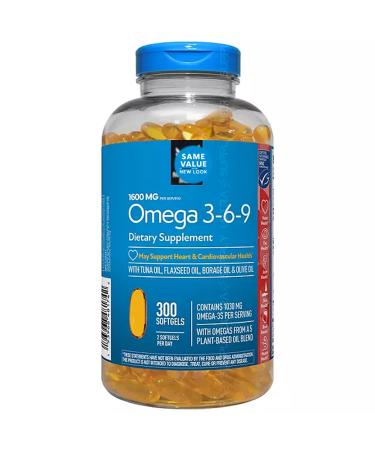 Members Mark Omega 3-6-9 Softgels 1600 mg (300 Count.) Heart Brain Joint Skin & Eye Health Essential Fatty Acids Blend