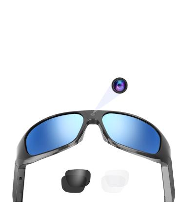 OhO 4K Ultra HD Camera Glasses,128GB Built-in Memory Smart Glasses with UV400 Sunglasses Lens for Outdoor Sport Black 4-Blue Lens 128G