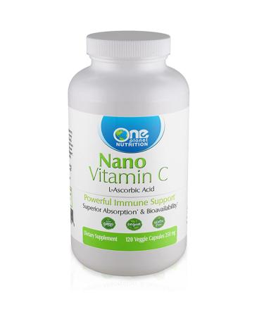 One Planet Nutrition Nano Vitamin C - Water Soluble Vitamin C for Men & Women Natural Non GMO Vitamin C for Immune Support Good Absorption & Bioavailability Vitamin C Small Capsules 120 Capsules Vitamin C 250mg 120c
