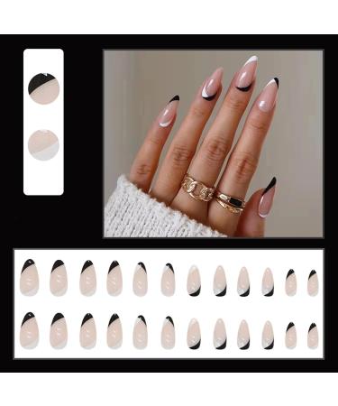 Justotry 24-Piece Press-On Almond Nails - Black & White French Acrylic Nails for Women | Short Artificial Nail Art - Buy Online on GoSupps.com