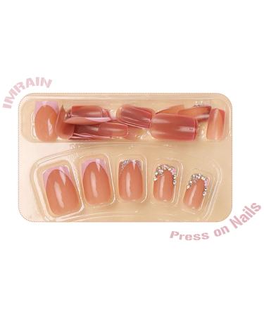 24Pcs Pink Flower Press on Nails - Short Square Acrylic Fake Nails Glossy Gel with Rhinestone Design - Perfect for Elegant Manicure - Buy Online on GoSupps.com