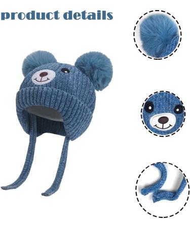 Cute Bear Kids Winter Hat with Ear Flaps | Chenille Knitted Warm Hat for Baby Girls Boys | Fleece Lined Earflap Cap | Toddler Cold Weather Beanie - Blue - Buy Online on GoSupps.com