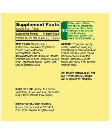 Extra Strength Vitamin D3 Fast Dissolve Tablets - 125 Mcg (5 000 IU) Dietary Supplement | Strawberry Flavor - 90 Count - International Shipping Available - Buy Online on GoSupps.com