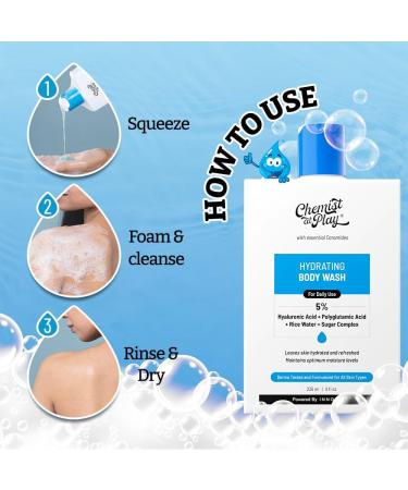Chemist at Play Hydrating Body Wash | With 5% Hyaluronic Acid Bodywash for Intense Hydration | Reduces Flakes & Itchiness | For Dry Skin | Polyglutamic Acid & Hyaluronic Acid | For Women & Men | 236ml - Buy Online on GoSupps.com