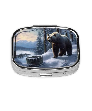 Winter Bear Printing 2 Compartment Small Pill Case Cute Small Pill Box Purse Pill Boxs Travel Pill Organizer for Pocket Purse and Travel Gifts