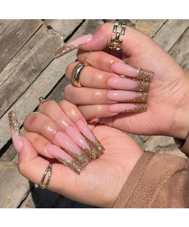 French Tip Press on Nails -Long Water Pipe Shape Press On Nails with Nail Tips Champagne Sparkling Glitter Design Glossy press on nails Acrylic False Nails Cute Artificial Nails