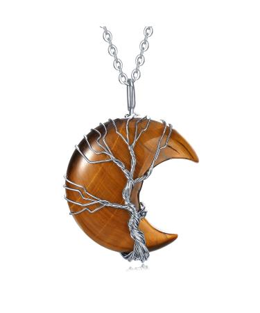 XIANNVXI Crystal Necklaces for Women Crescent Moon Necklace Healing Crystals Pendant Tree of Life Wire Wrapped Reiki Spiritual Necklace Jewellery for Women G - Tiger Eye Stone