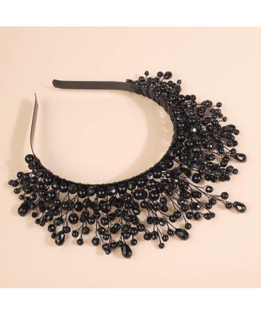 Kercisbeauty Wedding Bridal Black Hair Crown Women Handmade Boho Headpiece Pearl Hair Tiara Party Costume Jewelry - Buy Online on GoSupps.com