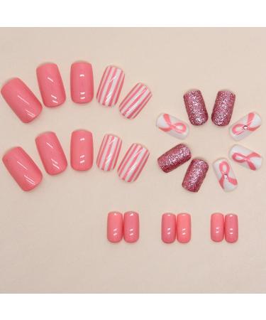 24Pcs Breast Cancer Awareness Press-on Nails | Pink Rhinestone Square Fake Nails for Women | Glossy Acrylic Nail Designs - Buy Online on GoSupps.com