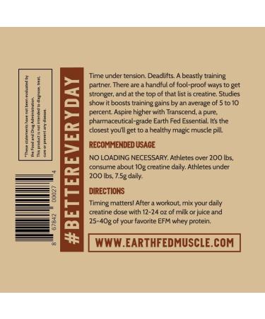 Earth Fed Muscle Transcend Creatine Monohydrate - Pure Creapure 100% Gluten & Soy Free - 5g Per Serving 60 Servings for Muscle Recovery & Energy - Buy Online on GoSupps.com