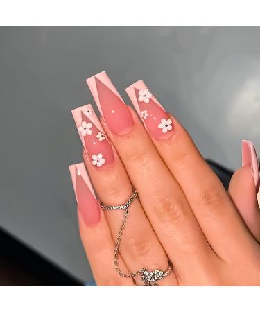 French Tip Coffin Press on Nails Long Acrylic Fake Nails Nude Pink Glossy Artificial Nails with Flower Design False Nails for Women and Girls 24 Pcs